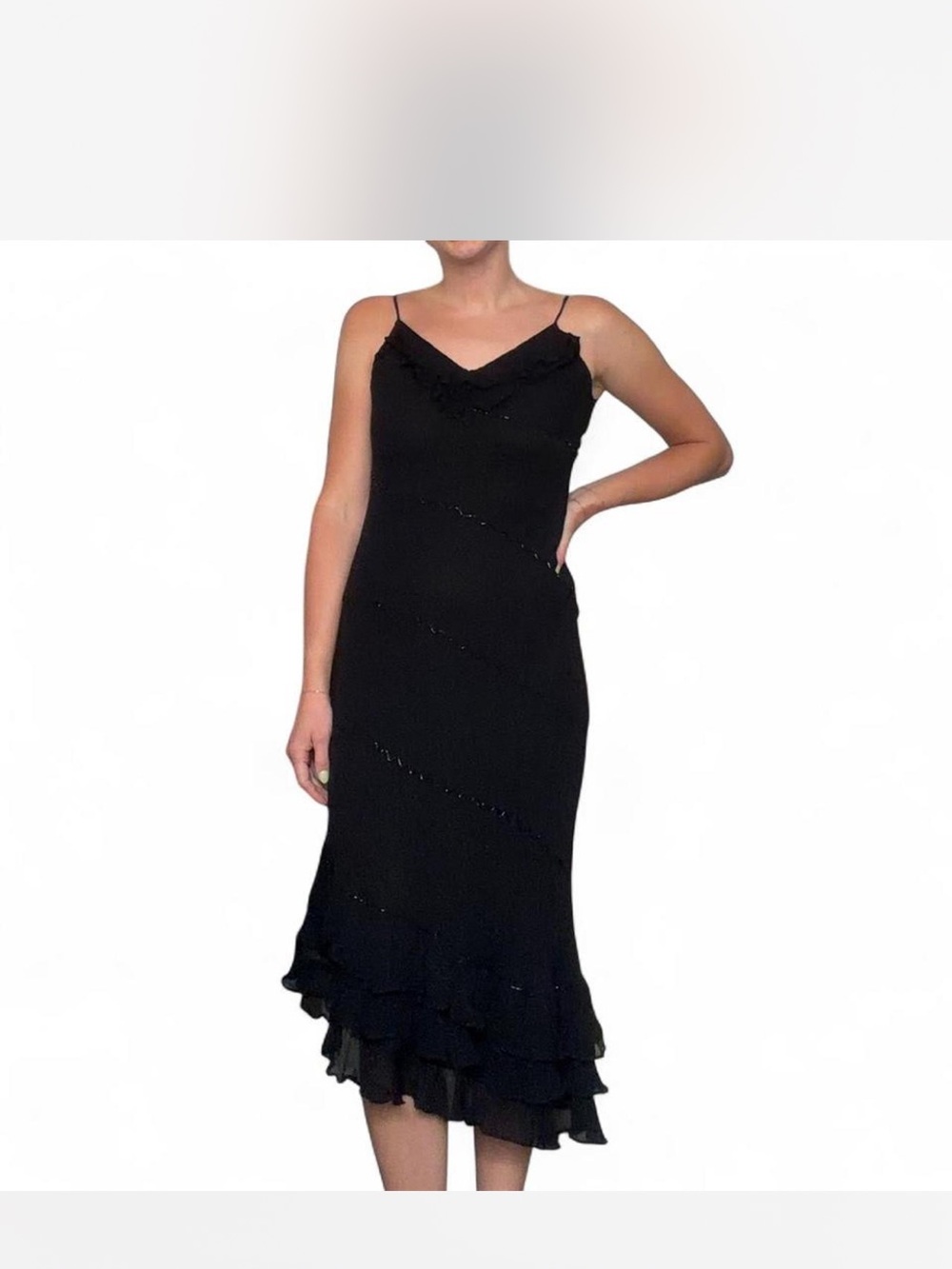 Vintage Black Ruffle-Hem Slip Midi Dress